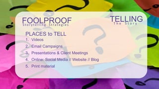 TELLINGT h e S t o r y
1. Videos
2. Email Campaigns
3. Presentations & Client Meetings
4. Online: Social Media // Website ...