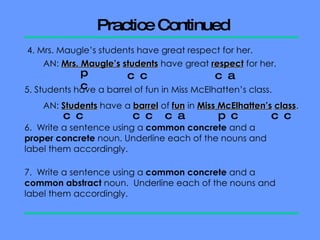 Practice Continued 4. Mrs. Maugle’s students have great respect for her.  AN:  Mrs. Maugle’s   students  have great  respect  for her.  pc cc ca 5. Students have a barrel of fun in Miss McElhatten’s class.  AN:  Students  have a  barrel  of  fun  in  Miss   McElhatten’s   class .  6.  Write a sentence using a  common concrete  and a  proper concrete  noun. Underline each of the nouns and label them accordingly.  7.  Write a sentence using a  common concrete  and a  common abstract  noun.  Underline each of the nouns and label them accordingly.  cc cc cc ca pc 