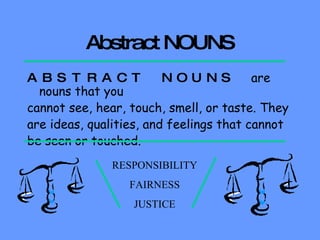 Abstract NOUNS ABSTRACT NOUNS  are nouns that you cannot see, hear, touch, smell, or taste. They are ideas, qualities, and feelings that cannot be seen or touched.  RESPONSIBILITY FAIRNESS JUSTICE 