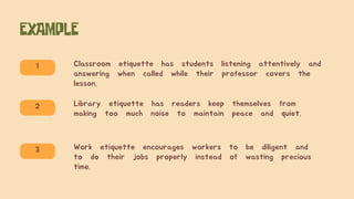 Classroom etiquette has students listening attentively and
answering when called while their professor covers the
lesson.
Library etiquette has readers keep themselves from
making too much noise to maintain peace and quiet.
Work etiquette encourages workers to be diligent and
to do their jobs properly instead of wasting precious
time.
1
3
2
 