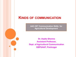 KINDS OF COMMUNICATION
Dr. Arpita Sharma
Assistant Professor,
Dept. of Agricultural Communication
GBPUA&T, Pantnagar
AAC-307 Communication Skills for
Agricultural Development
 