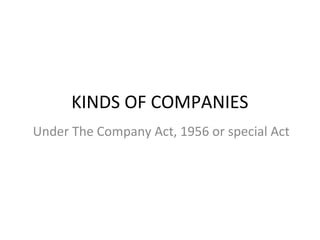 KINDS OF COMPANIES
Under The Company Act, 1956 or special Act

 