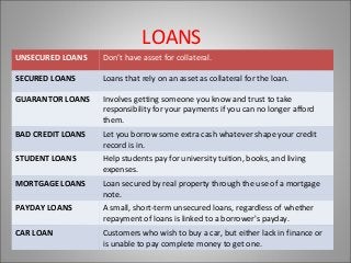 LOANS
UNSECURED LOANS

Don’t have asset for collateral.

SECURED LOANS

Loans that rely on an asset as collateral for the loan.

GUARANTOR LOANS

Involves getting someone you know and trust to take
responsibility for your payments if you can no longer afford
them.

BAD CREDIT LOANS

Let you borrow some extra cash whatever shape your credit
record is in.

STUDENT LOANS

Help students pay for university tuition, books, and living
expenses.

MORTGAGE LOANS

Loan secured by real property through the use of a mortgage
note.

PAYDAY LOANS

A small, short-term unsecured loans, regardless of whether
repayment of loans is linked to a borrower's payday.

CAR LOAN

Customers who wish to buy a car, but either lack in finance or
is unable to pay complete money to get one.

 
