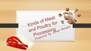 objectives
• identify the kinds of meat and poultry for processing;
• describe the market forms of meat and poultry;
• enu...