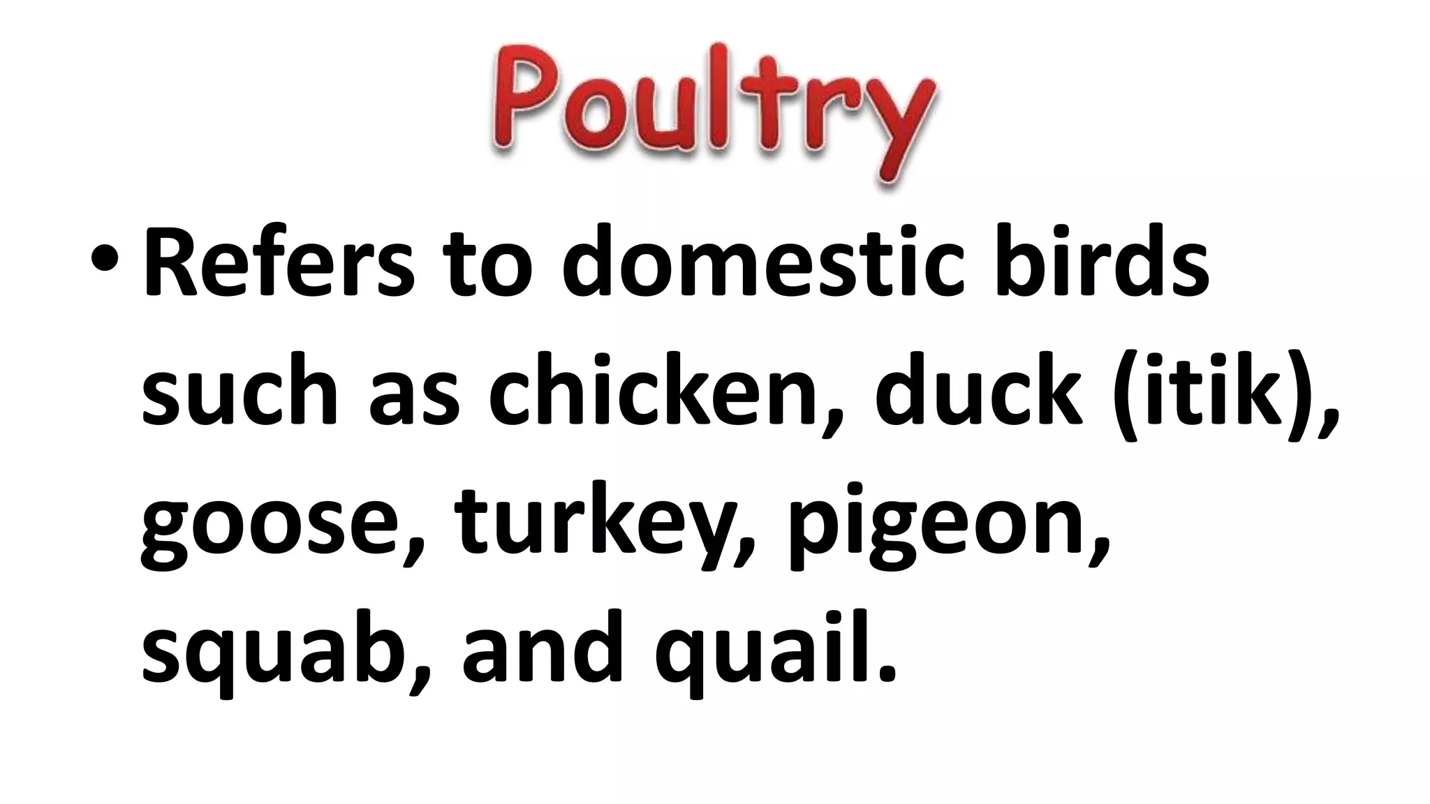 •Refers to domestic birds
such as chicken, duck (itik),
goose, turkey, pigeon,
squab, and quail.
 