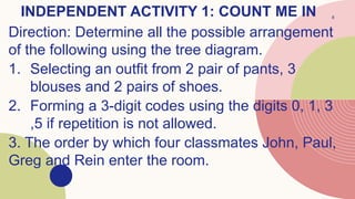 INDEPENDENT ACTIVITY 1: COUNT ME IN 8
Direction: Determine all the possible arrangement
of the following using the tree diagram.
1. Selecting an outfit from 2 pair of pants, 3
blouses and 2 pairs of shoes.
2. Forming a 3-digit codes using the digits 0, 1, 3
,5 if repetition is not allowed.
3. The order by which four classmates John, Paul,
Greg and Rein enter the room.
 