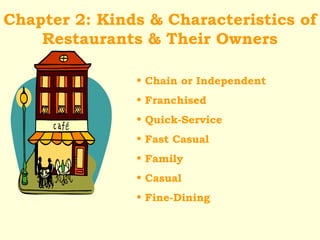 Chapter 2: Kinds & Characteristics of
Restaurants & Their Owners
• Chain or Independent
• Franchised
• Quick-Service
• Fast Casual
• Family
• Casual
• Fine-Dining

 