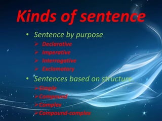 Kinds of sentence
• Sentence by purpose
 Declarative
 Imperative
 Interrogative
 Exclamatory
• Sentences based on structure.
Simple
Compound
Complex
Compound-complex
 