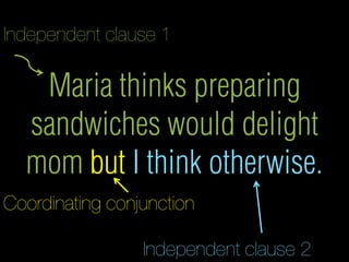 When she was
younger, she
believed in fairytales.
Dependent clause
Independent clause
Subordinating Conjunction
 
