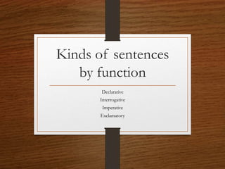 Kinds of sentences
by function
Declarative
Interrogative
Imperative
Exclamatory
 