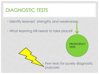 DIAGNOSTIC TESTS
• Identify learners’ strengths and weaknesses
• What learning still needs to take place?

PROFICIENCY
TESTS

• Few tests for purely diagnostic
purposes

 