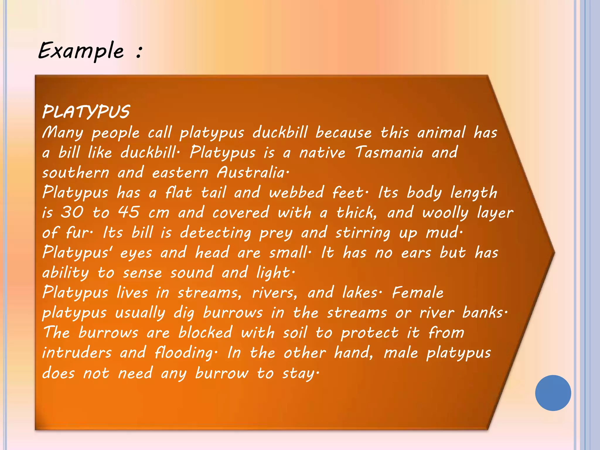 Example :
PLATYPUS
Many people call platypus duckbill because this animal has
a bill like duckbill. Platypus is a native Tasmania and
southern and eastern Australia.
Platypus has a flat tail and webbed feet. Its body length
is 30 to 45 cm and covered with a thick, and woolly layer
of fur. Its bill is detecting prey and stirring up mud.
Platypus' eyes and head are small. It has no ears but has
ability to sense sound and light.
Platypus lives in streams, rivers, and lakes. Female
platypus usually dig burrows in the streams or river banks.
The burrows are blocked with soil to protect it from
intruders and flooding. In the other hand, male platypus
does not need any burrow to stay.
 