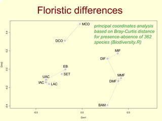 Floristic differences
                                            MCO
                                                  principal coordinates analysis
                                                  based on Bray-Curtis distance
       0.4




                                                  for presence-absence of 362
                               DCO
                                                  species (Biodiversity.R)
       0.2




                                                             MIF

                                                     DIF
Dim2




                                     EB
       0.0




                                     SET                         MMF
                       UAC
                     IAC                                   DMF
                             LAC
       -0.2




                                                    BAM
       -0.4




              -0.5                         0.0                         0.5

                                           Dim1
 