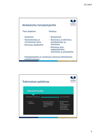 6
27.2.2017
11
Minkälaisilla tietokäsityksillä
Tieto objektina
Staattinen
Varastoitavissa ja
siirrettävissä oleva
Kiinnittyy objekteihin
Tietämys
Dynaaminen
Muotoutuu ja aktivoituu
kontekstissaan ja
tilanteissa
Kiinnittyy esim.
työkäytäntöihin,
toimintaan ja prosesseihin
26.9.2016
Tietokäsityksellä on merkitystä toiminnan kehittämisen
mahdollisuuksissa
12
Tutkimuksen pohdintaa
26.9.2016
 