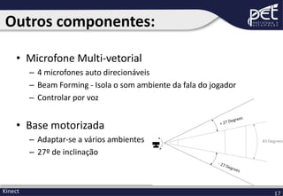 Outros componentes:
• Microfone Multi-vetorial
– 4 microfones auto direcionáveis
– Beam Forming - Isola o som ambiente da fala do jogador
– Controlar por voz

• Base motorizada
– Adaptar-se a vários ambientes
– 27º de inclinação

Kinect

17

 