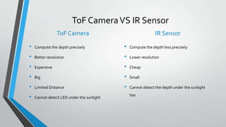 ToF CameraVS IR Sensor
ToF Camera
• Compute the depth precisely
• Better resolution
• Expensive
• Big
• Limited Distance
• Cannot detect LED under the sunlight
IR Sensor
• Compute the depth less precisely
• Lower resolution
• Cheap
• Small
• Cannot detect the depth under the sunlight
too
 