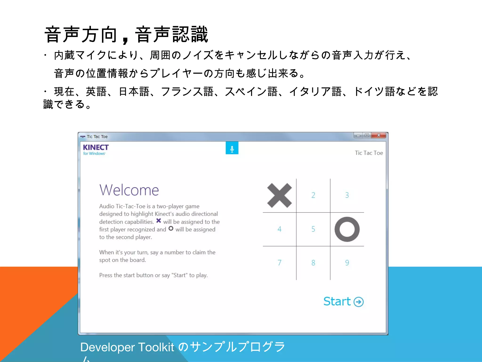 音声方向 , 音声認識
・内蔵マイクにより、周囲のノイズをキャンセルしながらの音声入力が行え、
　音声の位置情報からプレイヤーの方向も感じ出来る。
・現在、英語、日本語、フランス語、スペイン語、イタリア語、ドイツ語などを認
識できる。
Developer Toolkit のサンプルプログラ
 