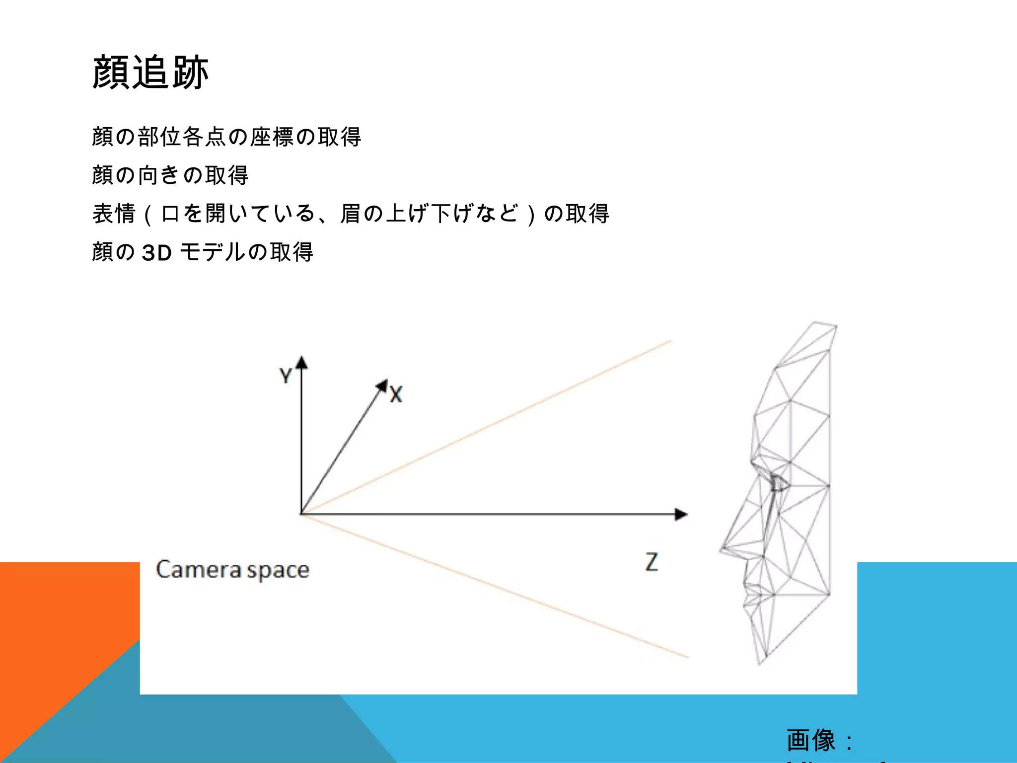 顔追跡
顔の部位各点の座標の取得
顔の向きの取得
表情（口を開いている、眉の上げ下げなど）の取得
顔の 3D モデルの取得
画像：
 