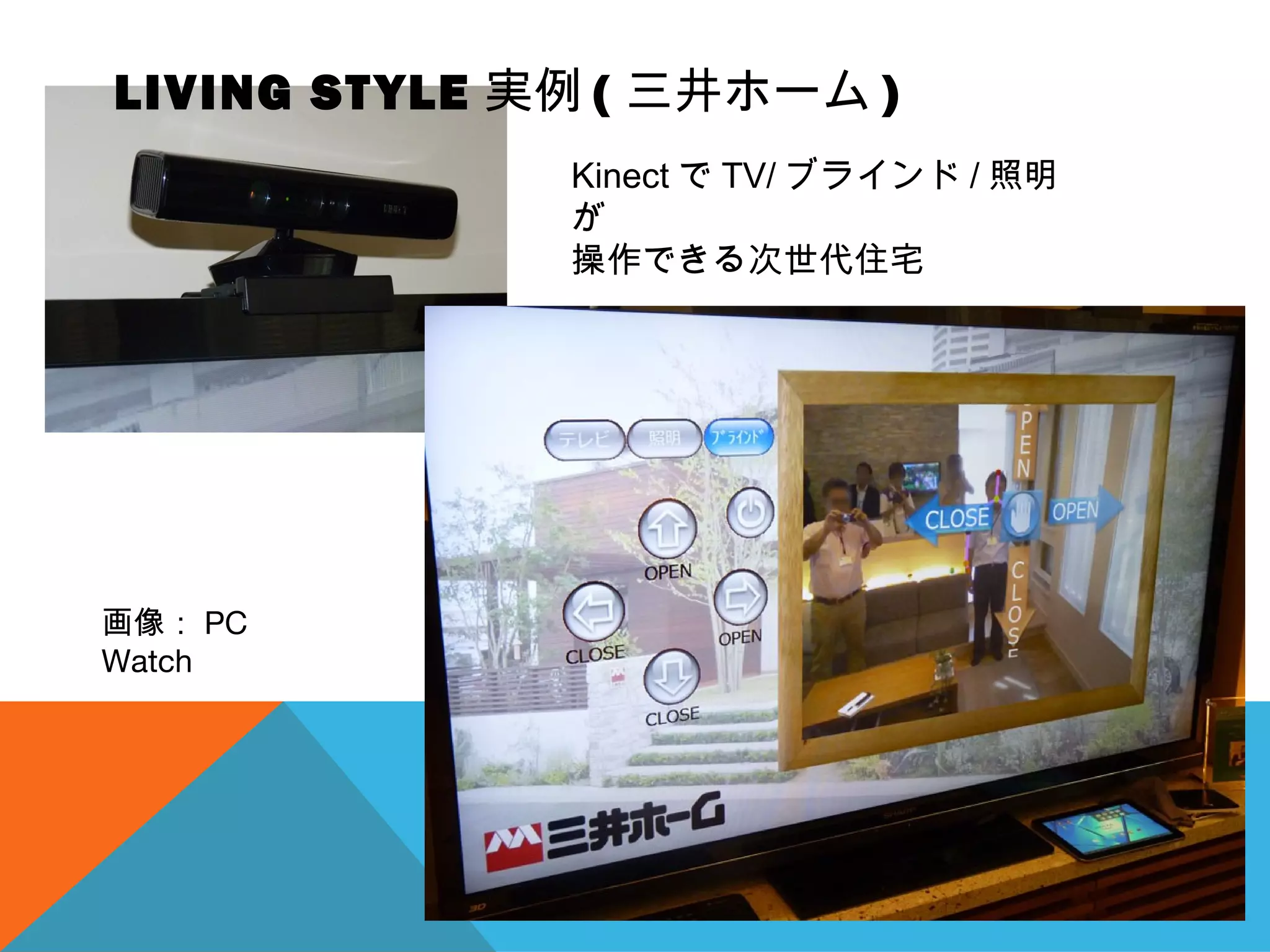 Kinect で TV/ ブラインド / 照明
が
操作できる次世代住宅
LIVING STYLE 実例 ( 三井ホーム )
画像： PC
Watch
 