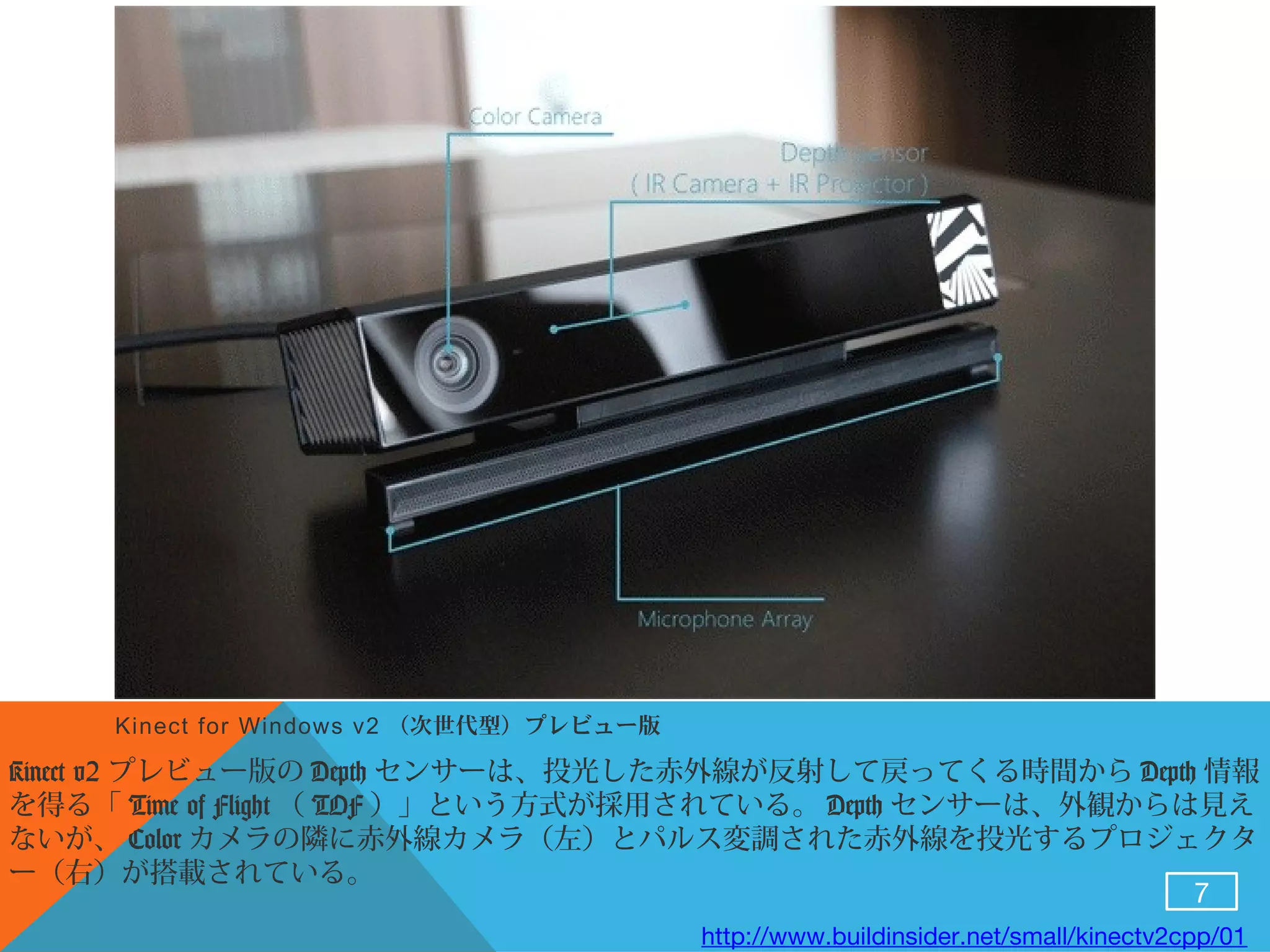 7
Kinect for Windows v2 （次世代型）プレビュー版
Kinect v2 プレビュー版の Depth センサーは、投光した赤外線が反射して戻ってくる時間から Depth 情報
を得る「 Time of Flight （ TOF ）」という方式が採用されている。 Depth センサーは、外観からは見え
ないが、 Color カメラの隣に赤外線カメラ（左）とパルス変調された赤外線を投光するプロジェクタ
ー（右）が搭載されている。
http://www.buildinsider.net/small/kinectv2cpp/01
 