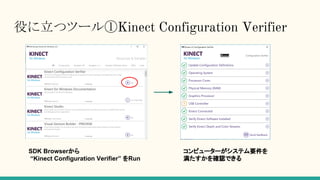 役に立つツール①Kinect Configuration Verifier
SDK Browserから
“Kinect Configuration Verifier” をRun
コンピューターがシステム要件を
満たすかを確認できる
 