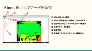 Kinect Studioでデータを保存
① RECORDタブを選択
② Kinectが接続された状態で Connectボタン
③ 設定ボタンからプレビューするデータを選択
④ 保存するデータを選択
⑤ 録画ボタン
⑥ 録画終了するときはもういちど録画ボタン
①
⑤,⑥
③
④
②
 