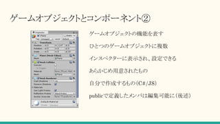 ゲームオブジェクトとコンポーネント②
ゲームオブジェクトの機能を表す
ひとつのゲームオブジェクトに複数
インスペクターに表示され、設定できる
あらかじめ用意されたもの
自分で作成するもの（C#/JS）
publicで定義したメンバは編集可能に（後述）
 