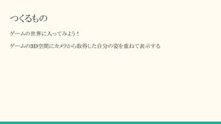 つくるもの
ゲームの世界に入ってみよう！
ゲームの3D空間にカメラから取得した自分の姿を重ねて表示する
 