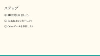 ステップ
① 3D空間を用意しよう
② BodyIndexを表示しよう
③ Colorデータを参照しよう
 
