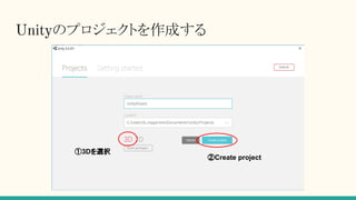 Unityのプロジェクトを作成する
Unityを立ち上げて”NEW”をクリック①3Dを選択
②Create project
 