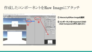 作成したコンポーネントをRaw Imageにアタッチ
① HierarchyのRaw Imageを選択
①
② ② コンポーネントをInspectorにD&D
　（Add Componentボタンあたりに）
 