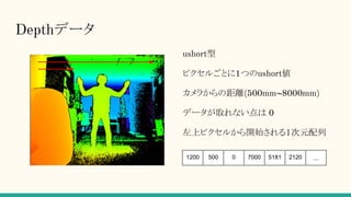 Depthデータ
ushort型
ピクセルごとに1つのushort値
カメラからの距離(500mm~8000mm)
データが取れない点は 0
左上ピクセルから開始される１次元配列
1200 500 0 7000 5181 2120 ...
 