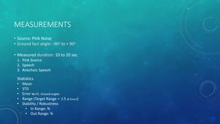 MEASUREMENTS
• Source: Pink Noise
• Ground fact angle: -90o to + 90o
• Measured duration: 10 to 20 sec
1. Pink Source
2. Speech
3. Anechoic Speech
Statistics
• Mean
• STD
• Error w.r.t. Ground angles
• Range (Target Range = ±5 @ Kinect)
• Stability / Robustness
• In Range: %
• Out Range: %
 