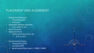 PLACEMENT AND ALIGNMENT
• Making Grid (Physical)
• Thread Network
• Protractor
• Separation between elements
• Error within 1 mm
• Axial Placement
• Alignment Errors
• Within the limits of (Hz, Vt)
• -0.5o to +0.5o
• Environmental Factors
• Temperature (STP)
• Humidity (STP)
• Back Ground Noise Level <= 20dB (±5dB)1
 