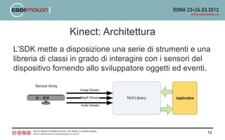 Kinect: Architettura
L’SDK mette a disposizione una serie di strumenti e una
libreria di classi in grado di interagire con i sensori del
dispositivo fornendo allo sviluppatore oggetti ed eventi.




                                                          12
 