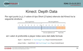 Kinect: Depth Data
Per ogni punto (x,y), il valore di tipo Short (2 bytes) ottenuto dal Kinect ha la
seguente struttura:




 ed i valori di profondità e player index sono dati dalle formule




                                                                                    31
 