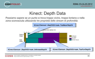 Kinect: Depth Data
Possiamo sapere se un punto si trova troppo vicino, troppo lontano o nella
zona sconosciuta utilizzando tre proprietà dello stream di profondità:
                          KinectSensor.DepthStream.TooNearDepth




  KinectSensor.DepthStream.UnknownDepth     KinectSensor.DepthStream.TooFarDepth


                                                                             33
 