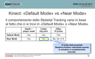 Kinect: «Default Mode» vs «Near Mode»
Il comportamento dello Skeletal Tracking varia in base
al fatto che ci si trovi in «Default Mode» o «Near Mode»




                                        Si tratta della proprietà
                                 Skeleton.Position valorizzata quando
                                    lo scheletro è completamente
                                                tracciato

                                                                   42
 
