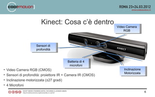 Kinect: Cosa c’è dentro
                                                              Video Camera
                                                                  RGB



                      Sensori di
                      profondità


                                          Batteria di 4
                                           microfoni
•   Video Camera RGB (CMOS)                                       Inclinazione
                                                                  Motorizzata
•   Sensori di profondità: proiettore IR + Camera IR (CMOS)
•   Inclinazione motorizzata (±27 gradi)
•   4 Microfoni
                                                                                 6
 