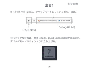 36
ビルド(実行)する前に、デバッグモードにしていことを、確認。
ビルド(実行)
デバッグがなければ、無事に成功。Build Succeededが表示され、
デバッグモードのウィンドウが立ち上がる。
Debug(64 bit)
演習1
円の数1個
 