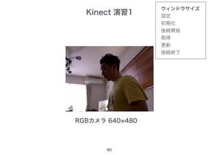Kinect 演習1
60
RGBカメラ 640×480
ウィンドウサイズ
設定
初期化
接続開始
取得
更新
接続終了
 