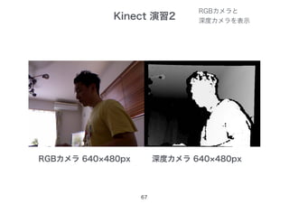Kinect 演習2
67
RGBカメラ 640×480px
RGBカメラと
深度カメラを表示
深度カメラ 640×480px
 
