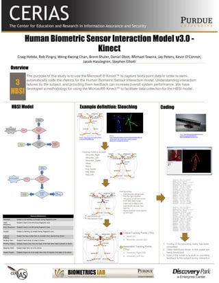 Human Biometric Sensor Interaction Model v3.0 -
                          Kinect
   Craig Hebda, Rob Pingry, Weng Kwong Chan, Brent Shuler, Daniel Obot, Michael Texeira, Jay Peters, Kevin O’Connor, 
                                         Jacob Hasslegren, Stephen Elliott
Overview
      • The purpose of this study is to use the Microsoft ® Kinect™ to capture body point data in order to semi-

 3      automatically code the metrics for the Human Biometric Sensor Interaction model. Understanding interaction
        failures by the subject, and providing them feedback can increase overall system performance. We have

HBSI
        developed a methodology for using the Microsoft® Kinect™ to facilitate data collection for the HBSI model.




HBSI Model                               Example definition: Slouching                                                                   Coding




                                                                                                                                                              Source: http://www.whatsyourdigitaliq.com/ces‐
                                                                                 Source:                                                                      preshow‐my‐quick‐takeaway‐from‐
                                         Source: http://msdn.microsoft.com/en‐   http://www.genbetadev.com/herramientas/disponible‐el‐                        ballmer%E2%80%99s‐keynote‐at‐ces/
                                         us/library/hh438998.aspx                sdk‐de‐kinect‐para‐desarrollar‐nuestras‐propias‐
                                                                                 aplicaciones‐usando‐los‐sensores




                                            •Tracking Points to be used:
                                                •Shoulder_Right
                                                •Shoulder_Left
                                                •Shoulder_Center
                                                •Head
                                                •Spine
                                                •Hip_Center
                                                •Hip_Right
                                                •Hip_Left

                                                                                                                                                   HipCenter: [199,176,1.909048]
                                                                                                                                                   Spine: [199,167,1.99789]
                                                                                                                                                   ShoulderCenter: [203,101,2.132623]
                                                                                                                                                   Head: [204,77,2.195843]
                                                                                                                                                   ShoulderLeft: [176,122,2.035151]
                                                                                                                                                   ElbowLeft: [153,165,1.950089]
                                                                                                                                                   WristLeft: [145,203,1.793355]
                                                                                                                                                   HandLeft: [145,207,1.77044]
                                                                                                                                                   ShoulderRight: [228,122,2.06104]
                                                                                                                                                   ElbowRight: [245,166,1.959428]
                                                                                                 •Left Slouching:                                  WristRight: [248,204,1.797179]
                                                                                                                                                   HandRight: [248,213,1.768724]
                                                                                                      •Left shoulder will be lower                 HipLeft: [186,189,1.857644]
                                                                                                      then the right shoulder.                     KneeLeft: [173,260,1.771513]
                                                                                                                                                   AnkleLeft: [183,330,1.740713]
                                                                                                      •All points on left arm will be              FootLeft: [185,348,1.650042]
                                                                                                                                                   HipRight: [211,188,1.893446]
                                                                                                      lower then base image.                       KneeRight: [220,258,1.779559]
                                                                                                                                                   AnkleRight: [213,333,1.671088]
                                                                                                      •Head will be tilted to left.                FootRight: [215,349,1.570665]
                                                                                                                                                   -----------------------------------
                                                                                                      •Left hip will be lower then                 --
                                                                                                                                                   HipCenter: [200,176,1.908939]
                                                                                                      right hip.                                   Spine: [200,167,1.997404]
                                                                                                                                                   ShoulderCenter: [203,103,2.132733]
                                                                                                      •Spine point will move slightly              Head: [203,77,2.194134]
                                                                                                                                                   ShoulderLeft: [175,122,2.03505]
                                                                                                      up and right.                                ElbowLeft: [153,165,1.944988]
                                                                                                                                                   WristLeft: [146,203,1.788871]
                                                      =Movement Up                                                                                 HandLeft: [145,208,1.767767]
                                                                                                                                                   ShoulderRight: [228,122,2.061628]
                                                      =Movement Down                                                                               ElbowRight: [245,166,1.962522]
                                                                                                                                                   WristRight: [248,204,1.801574]
                                                                                                                                                   HandRight: [248,213,1.772346]
                                                                                                                                                   HipLeft: [186,188,1.859581]
                                                                                                                                                   KneeLeft: [173,260,1.770439]
                                                                                                                                                   AnkleLeft: [181,330,1.735953]
                                                                                                                                                   FootLeft: [184,348,1.642407]
                                                                                                                                                   HipRight: [213,189,1.891124]
                                                                                                                                                   KneeRight: [220,260,1.780296]
                                                                                                                                                   AnkleRight: [209,333,1.682538]
                                                                                                                                                   FootRight: [208,349,1.580602]

                                                                                                       Critical Tracking Points (TPs):
                                                                                                       1. Head (H)
                                                                                                       2. Shoulder_Center (SC)
                                                                                                                                          1. Coding of the slouching metric has been
                                                                                                       Associated Tracking Points            completed
                                                                                                       (TPs):                             2. Other definitions shown in this poster are
                                                                                                       1. Shoulder_Right (SR)                being developed
                                                                                                       2. Shoulder_Left (SL)              3. Goal of the model is to work on providing
                                                                                                                                             feedback to the subject during interaction
 