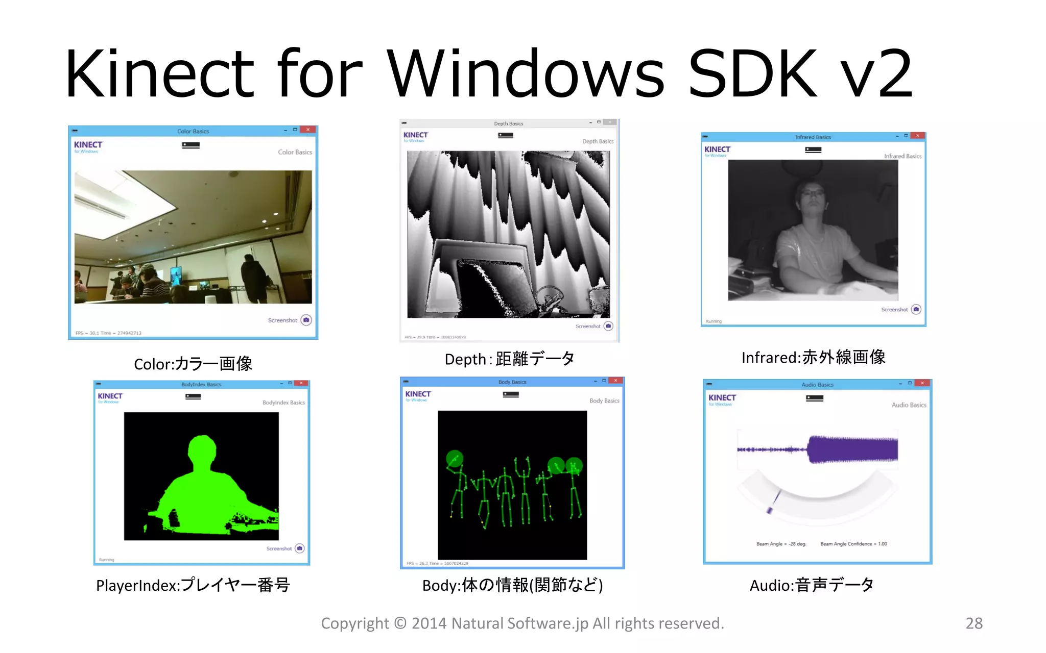 Kinect for Windows SDKv2 
Color:カラー画像 
Depth：距離データ 
Body:体の情報(関節など) 
Copyright © 2014 Natural Software.jp All rights reserved. 
Audio:音声データ 
Infrared:赤外線画像 
PlayerIndex:プレイヤー番号 
28 
 