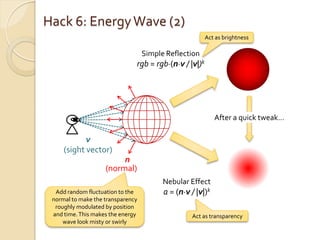 Hack 6: Energy Wave (2)
                                                        Act as brightness

                                   Simple Reflection
                               rgb = rgb·(n·v / |v|)k




                                                            After a quick tweak…

            v
     (sight vector)
                         n
                    (normal)
                                         Nebular Effect
  Add random fluctuation to the          a = (n·v / |v|)k
 normal to make the transparency
  roughly modulated by position
 and time. This makes the energy                  Act as transparency
     wave look misty or swirly
 