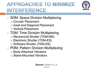 

SDM: Space Division Multiplexing
Circular Placement
 Axial and Diagonal Placement
 Vertical Placement




TDM: Time Division Multiplexing
Mechanical Shutter (TDM-MS)
 Electronic Shutter (TDM-ES)
 Software Shutter (TDM-SS)




PDM: Pattern Division Multiplexing
Body-Attached Vibrators
 Stand-Mounted Vibrators


Source: Mallick et. al.

 
