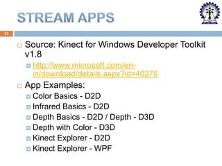 33



Source: Kinect for Windows Developer Toolkit
v1.8
 http://www.microsoft.com/en-

in/download/details.aspx?id=40276


App Examples:
 Color

Basics - D2D
 Infrared Basics - D2D
 Depth Basics - D2D / Depth - D3D
 Depth with Color - D3D
 Kinect Explorer - D2D
 Kinect Explorer - WPF

 
