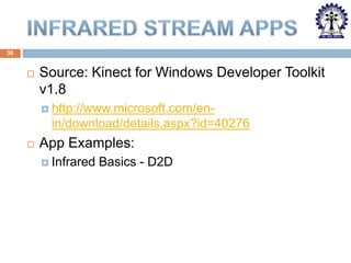 36



Source: Kinect for Windows Developer Toolkit
v1.8
 http://www.microsoft.com/en-

in/download/details.aspx?id=40276


App Examples:
 Infrared

Basics - D2D

 