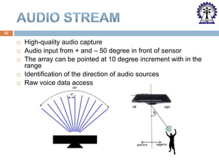 42









High-quality audio capture
Audio input from + and – 50 degree in front of sensor
The array can be pointed at 10 degree increment with in the
range
Identification of the direction of audio sources
Raw voice data access

 