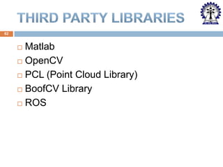 62

Matlab
 OpenCV
 PCL (Point Cloud Library)
 BoofCV Library
 ROS


 